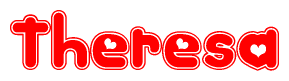 The image is a red and white graphic with the word Theresa written in a decorative script. Each letter in  is contained within its own outlined bubble-like shape. Inside each letter, there is a white heart symbol.