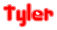 The image is a red and white graphic with the word Tyler written in a decorative script. Each letter in  is contained within its own outlined bubble-like shape. Inside each letter, there is a white heart symbol.