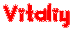 The image is a clipart featuring the word Vitaliy written in a stylized font with a heart shape replacing inserted into the center of each letter. The color scheme of the text and hearts is red with a light outline.