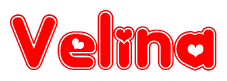 The image displays the word Velina written in a stylized red font with hearts inside the letters.