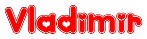 The image is a red and white graphic with the word Vladimir written in a decorative script. Each letter in  is contained within its own outlined bubble-like shape. Inside each letter, there is a white heart symbol.