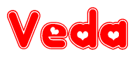 The image is a red and white graphic with the word Veda written in a decorative script. Each letter in  is contained within its own outlined bubble-like shape. Inside each letter, there is a white heart symbol.