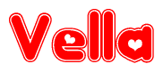 The image is a clipart featuring the word Vella written in a stylized font with a heart shape replacing inserted into the center of each letter. The color scheme of the text and hearts is red with a light outline.