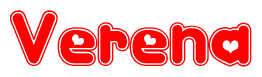The image is a clipart featuring the word Verena written in a stylized font with a heart shape replacing inserted into the center of each letter. The color scheme of the text and hearts is red with a light outline.