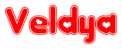 The image is a red and white graphic with the word Veldya written in a decorative script. Each letter in  is contained within its own outlined bubble-like shape. Inside each letter, there is a white heart symbol.
