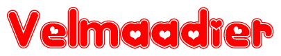 The image is a red and white graphic with the word Velmaadier written in a decorative script. Each letter in  is contained within its own outlined bubble-like shape. Inside each letter, there is a white heart symbol.