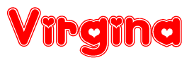 The image is a clipart featuring the word Virgina written in a stylized font with a heart shape replacing inserted into the center of each letter. The color scheme of the text and hearts is red with a light outline.