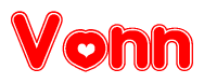 The image is a red and white graphic with the word Vonn written in a decorative script. Each letter in  is contained within its own outlined bubble-like shape. Inside each letter, there is a white heart symbol.