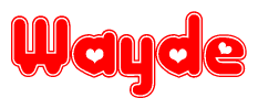 The image is a clipart featuring the word Wayde written in a stylized font with a heart shape replacing inserted into the center of each letter. The color scheme of the text and hearts is red with a light outline.