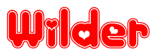The image is a clipart featuring the word Wilder written in a stylized font with a heart shape replacing inserted into the center of each letter. The color scheme of the text and hearts is red with a light outline.