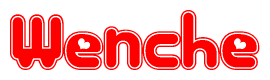 The image is a red and white graphic with the word Wenche written in a decorative script. Each letter in  is contained within its own outlined bubble-like shape. Inside each letter, there is a white heart symbol.