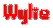 The image is a red and white graphic with the word Wylie written in a decorative script. Each letter in  is contained within its own outlined bubble-like shape. Inside each letter, there is a white heart symbol.