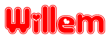 The image is a red and white graphic with the word Willem written in a decorative script. Each letter in  is contained within its own outlined bubble-like shape. Inside each letter, there is a white heart symbol.