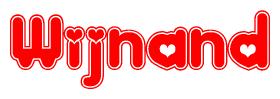 The image is a red and white graphic with the word Wijnand written in a decorative script. Each letter in  is contained within its own outlined bubble-like shape. Inside each letter, there is a white heart symbol.