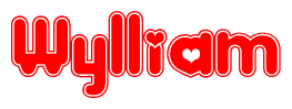 The image is a clipart featuring the word Wylliam written in a stylized font with a heart shape replacing inserted into the center of each letter. The color scheme of the text and hearts is red with a light outline.