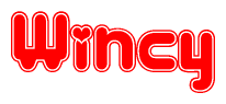 The image is a red and white graphic with the word Wincy written in a decorative script. Each letter in  is contained within its own outlined bubble-like shape. Inside each letter, there is a white heart symbol.