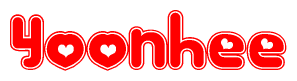 The image is a clipart featuring the word Yoonhee written in a stylized font with a heart shape replacing inserted into the center of each letter. The color scheme of the text and hearts is red with a light outline.