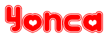 The image is a clipart featuring the word Yonca written in a stylized font with a heart shape replacing inserted into the center of each letter. The color scheme of the text and hearts is red with a light outline.