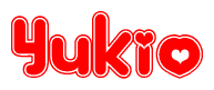 The image is a red and white graphic with the word Yukio written in a decorative script. Each letter in  is contained within its own outlined bubble-like shape. Inside each letter, there is a white heart symbol.
