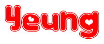 The image is a red and white graphic with the word Yeung written in a decorative script. Each letter in  is contained within its own outlined bubble-like shape. Inside each letter, there is a white heart symbol.