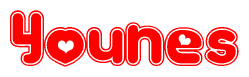 The image displays the word Younes written in a stylized red font with hearts inside the letters.