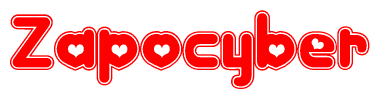 The image is a red and white graphic with the word Zapocyber written in a decorative script. Each letter in  is contained within its own outlined bubble-like shape. Inside each letter, there is a white heart symbol.