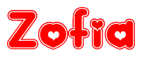 The image is a red and white graphic with the word Zofia written in a decorative script. Each letter in  is contained within its own outlined bubble-like shape. Inside each letter, there is a white heart symbol.