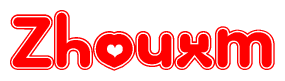 The image is a clipart featuring the word Zhouxm written in a stylized font with a heart shape replacing inserted into the center of each letter. The color scheme of the text and hearts is red with a light outline.