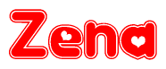 The image is a clipart featuring the word Zena written in a stylized font with a heart shape replacing inserted into the center of each letter. The color scheme of the text and hearts is red with a light outline.