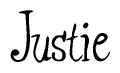   The image is of the word Justie stylized in a cursive script. 