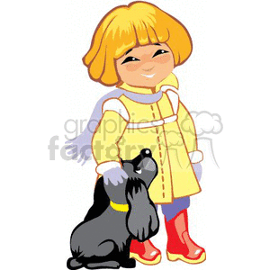 Small Girl Wearing Her Rain Coat and Boots Petting a Puppy