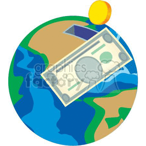 A clipart image depicting a globe with a coin slot, a coin, and a banknote, symbolizing global finance, savings, or investment.