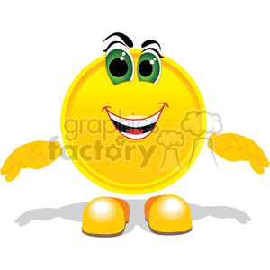 This clipart image features a cheerful and happy yellow smiley gold coin with large, expressive green eyes, a big smile, two arms, and two legs.