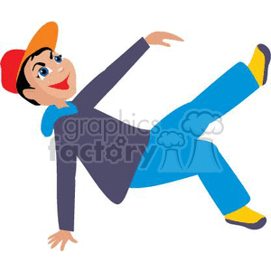 A colorful cartoon character of a boy wearing a red cap, purple shirt, blue pants, and yellow shoes, depicted in a playful, mid-motion pose.