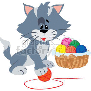 The clipart image shows a playful grey and white kitten with a tuft of fur on its head playing with a red ball of yarn. To the kitten's right, there is a basket filled with multiple colorful balls of yarn. The kitten is looking at the yarn ball it's playing with and appears happy and engaged, illustrating a classic and adorable scene of a young cat at play.