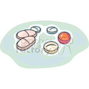 A clipart image depicting various types of pills and capsules scattered on a surface. The pills are of different colors and sizes.