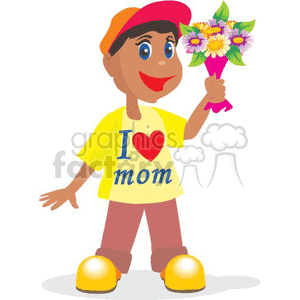 A little darkskinned boy bringing his mother flowers