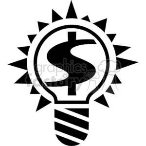 A black and white clipart image of a lightbulb with a dollar sign inside, surrounded by rays or spikes, symbolizing ideas or innovation leading to financial success.