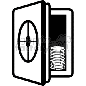 A clipart image of an open safe filled with stacked coins.