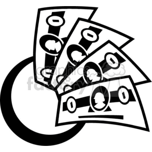 Black and white clipart image of four dollar bills with a circular background.