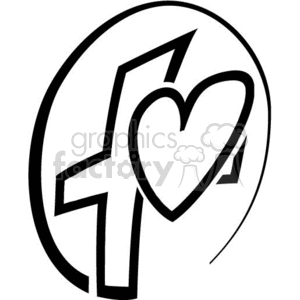 A black and white clipart image of a cross and heart, symbolizing love and faith, with an oval shape surrounding them.