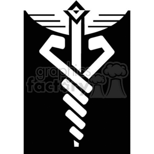 A stylized black and white caduceus symbol featuring a rod with two wings and two serpents intertwined around it.