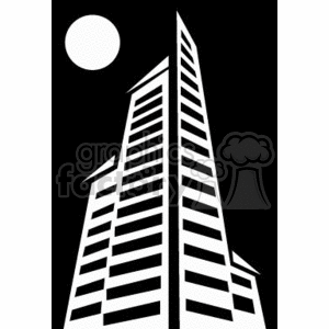 A black and white clipart image of a modern skyscraper with a sun or moon in the background.