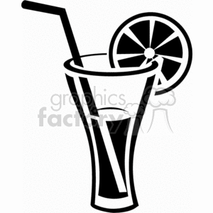 Black and white clipart of a cocktail glass with a straw and an orange slice.