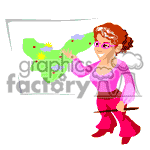 The clipart image shows a cartoon-style female figure with glasses, wearing a pink top and red bottoms, using a pointer to indicate a location on a map or chart that is mounted on the wall. The map or chart includes shapes representing land masses and what appears to be a flower or star marking a specific spot.