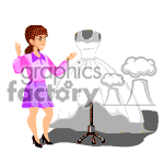   This clipart image shows a female figure with brown hair, dressed in a purple outfit, standing beside a mannequin displaying a white bridal gown with a long train. The woman appears to be a dress designer or a bridal shop employee, gesturing as if she