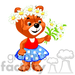 Teddy bear girl holding flowers.