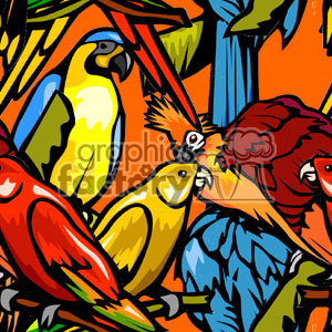 A vibrant illustration of various tropical birds, including parrots and cockatoos, against a bold orange background.