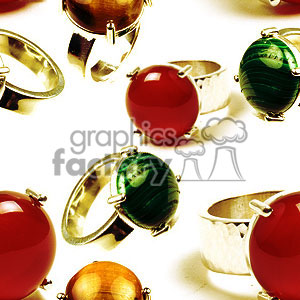 Clipart image featuring various gemstone rings with colorful stones, including red, green, and amber, set in different styles of silver bands.