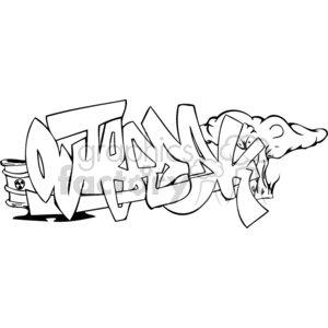 A monochrome clipart image featuring graffiti-style artwork. The design prominently showcases the word 'OUTBREAK' written in bold, stylized letters. To the left of the text is a barrel with a radioactive symbol, and to the right, a mushroom cloud explosion extends outward.